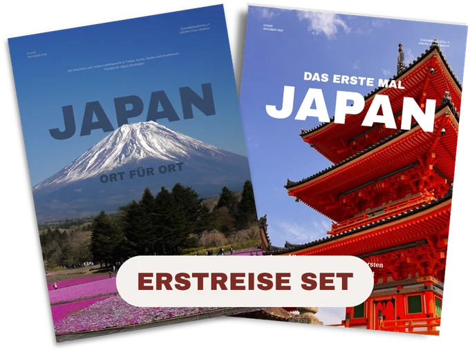 Die beiden Hefte nebeneinander: Japan, Ort für Ort mit dem Fuji und Japan, das erste Mal mit der roten Pagode.