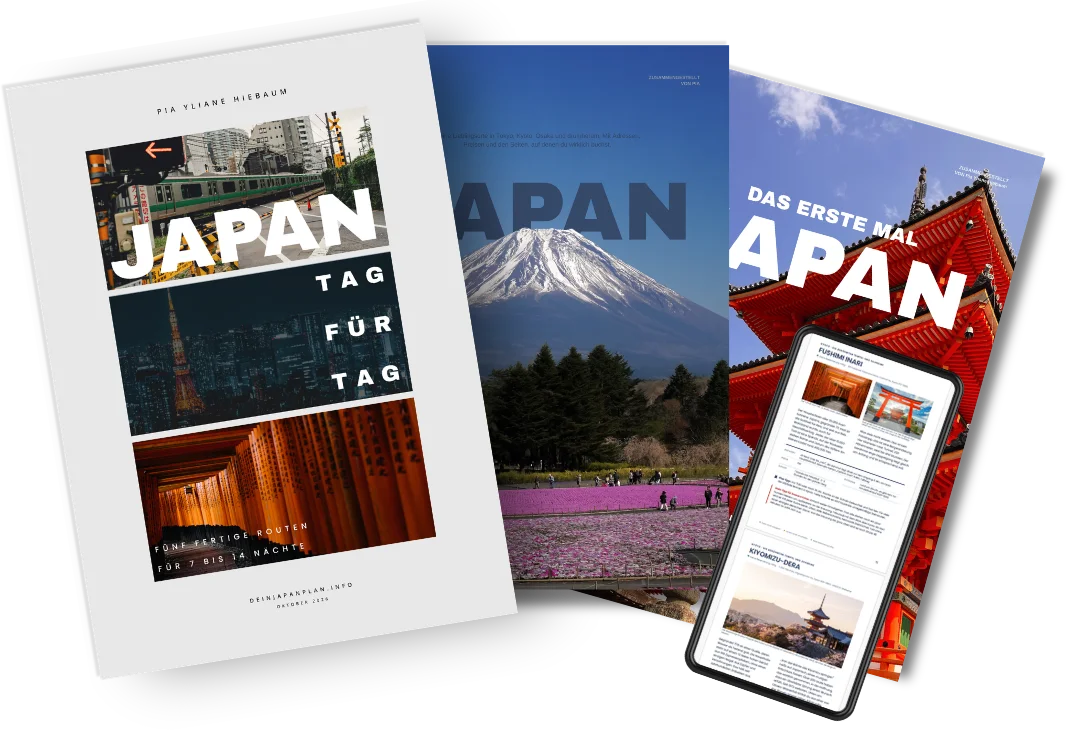Alle drei Hefte nebeneinander: Japan, Tag für Tag, Japan, Ort für Ort mit dem Fuji und Japan, das erste Mal mit der roten Pagode, davor ein Handy mit einer Ortsseite.