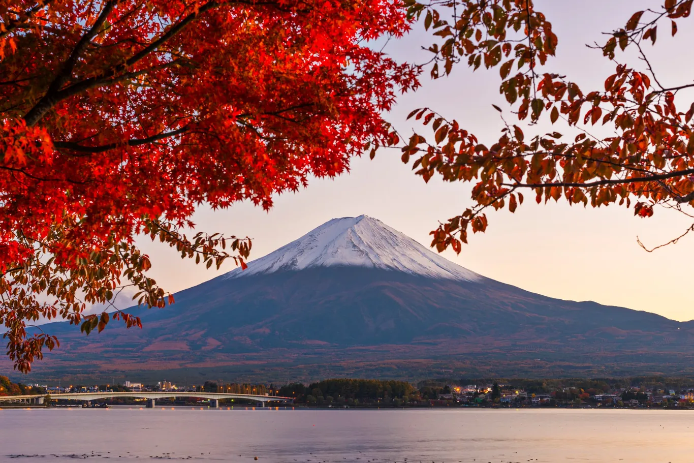 Rotes Ahornlaub im Vordergrund, dahinter der schneebedeckte Fuji über dem Kawaguchi-See mit einer langen Brücke