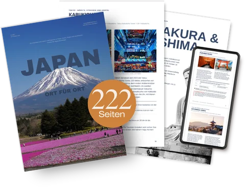 Japan, Ort für Ort: Cover mit Fuji, aufgefächerte Seiten und die Ansicht am Handy, 222 Seiten