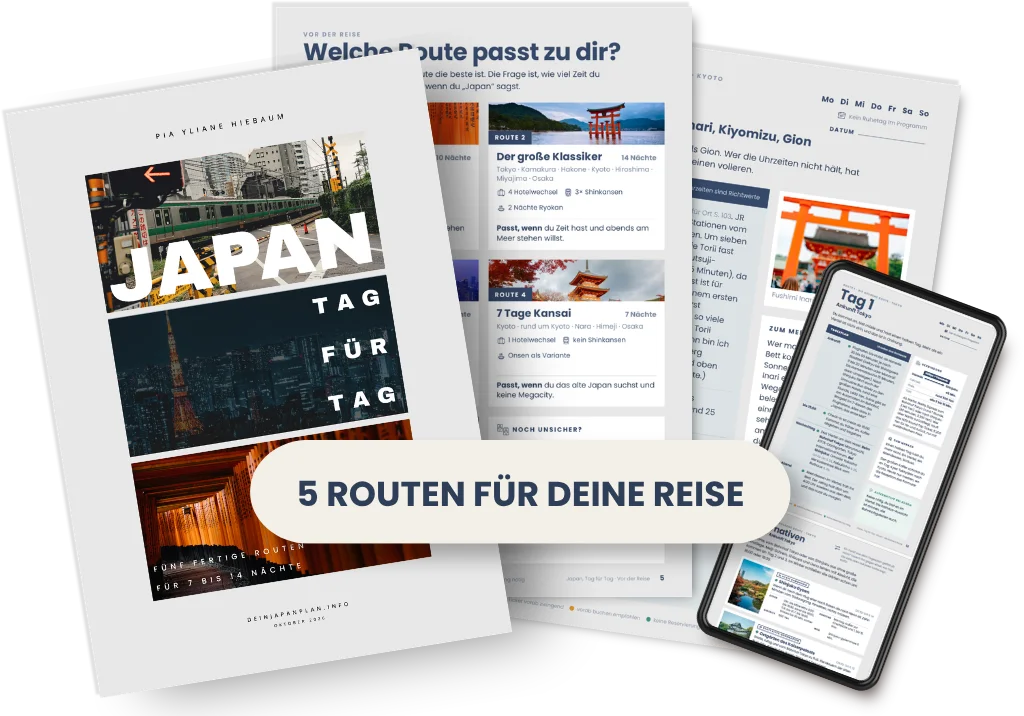 Japan, Tag für Tag: Cover, aufgefächerte Seiten mit der Routenwahl und ein Tagesplan am Tablet. Fünf Routen für deine Reise.
