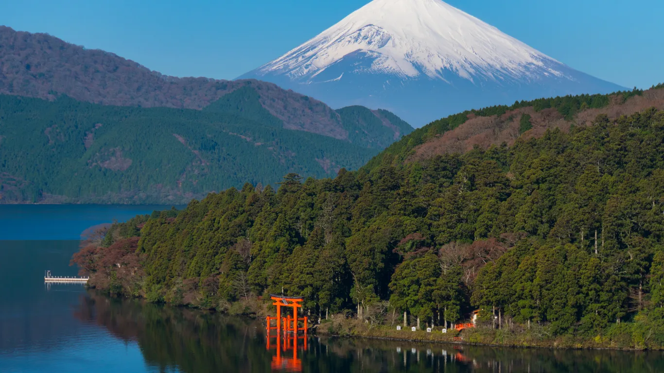 Das rote Torii am Ufer des Ashi-Sees in Hakone, dahinter bewaldete Hügel und der verschneite Fuji